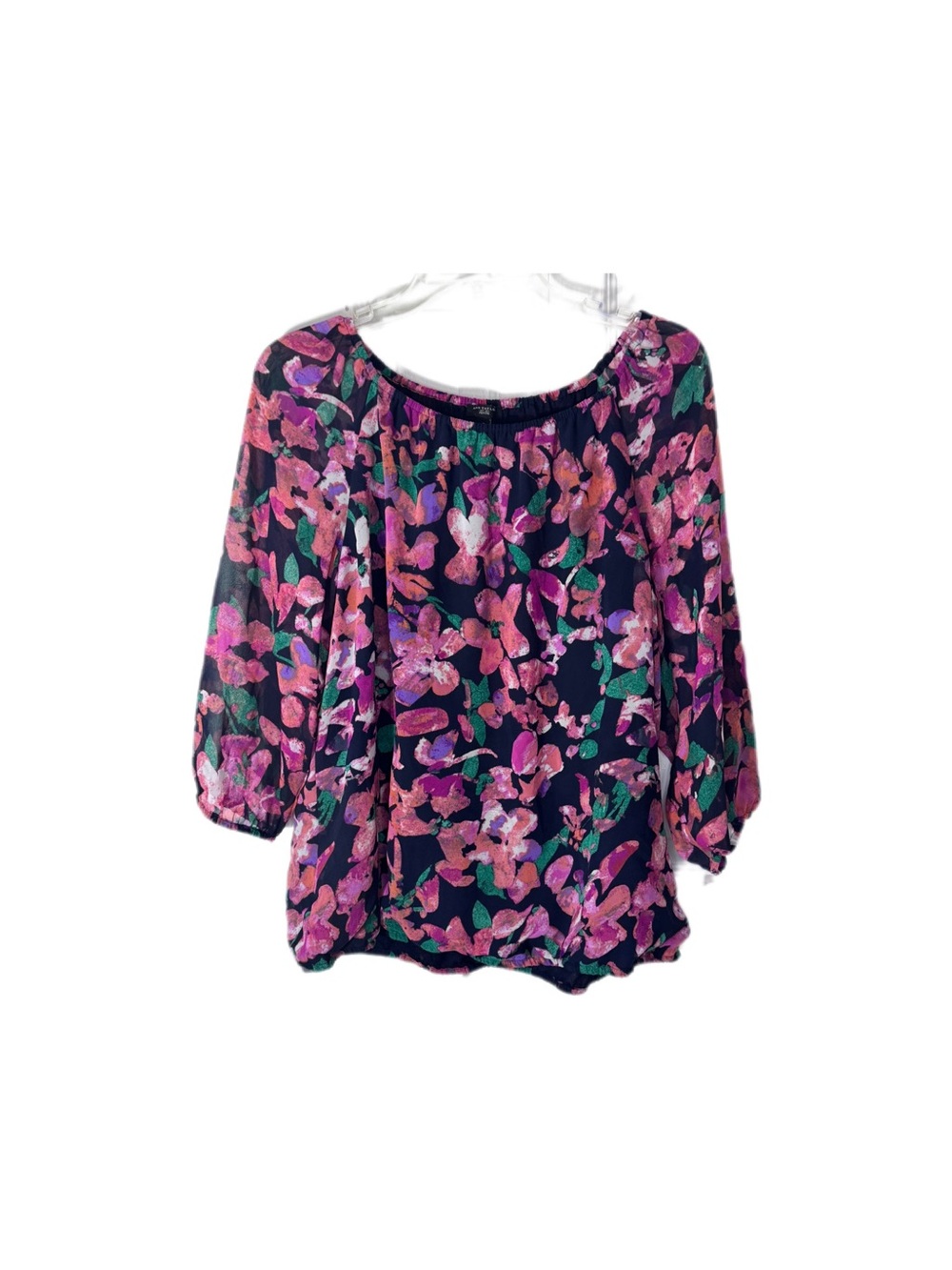 Ann Taylor Petite Navy Floral Peasant Blouse with Pink & Green Print